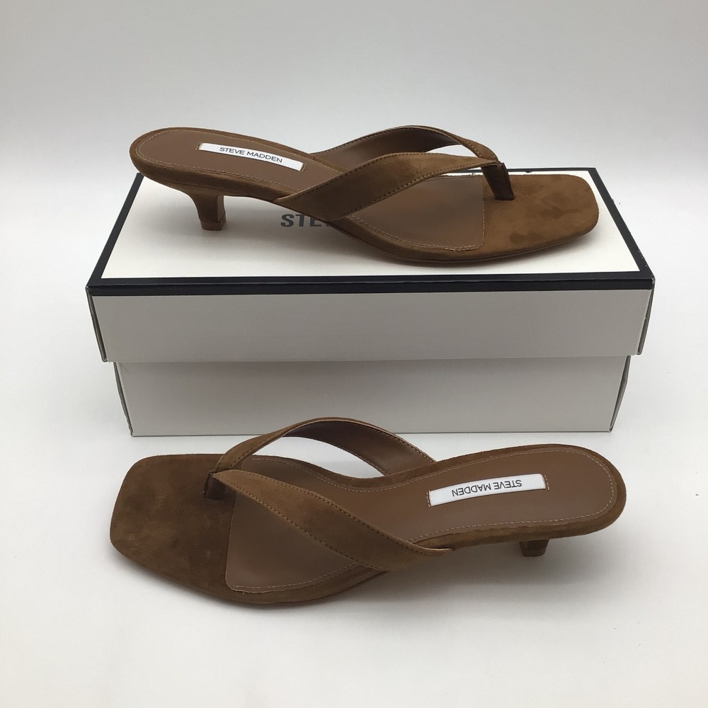 Steve Madden Tracie Chestnut Suede Kitten Heel Thong Sandals Mules Size 8.5 NEW